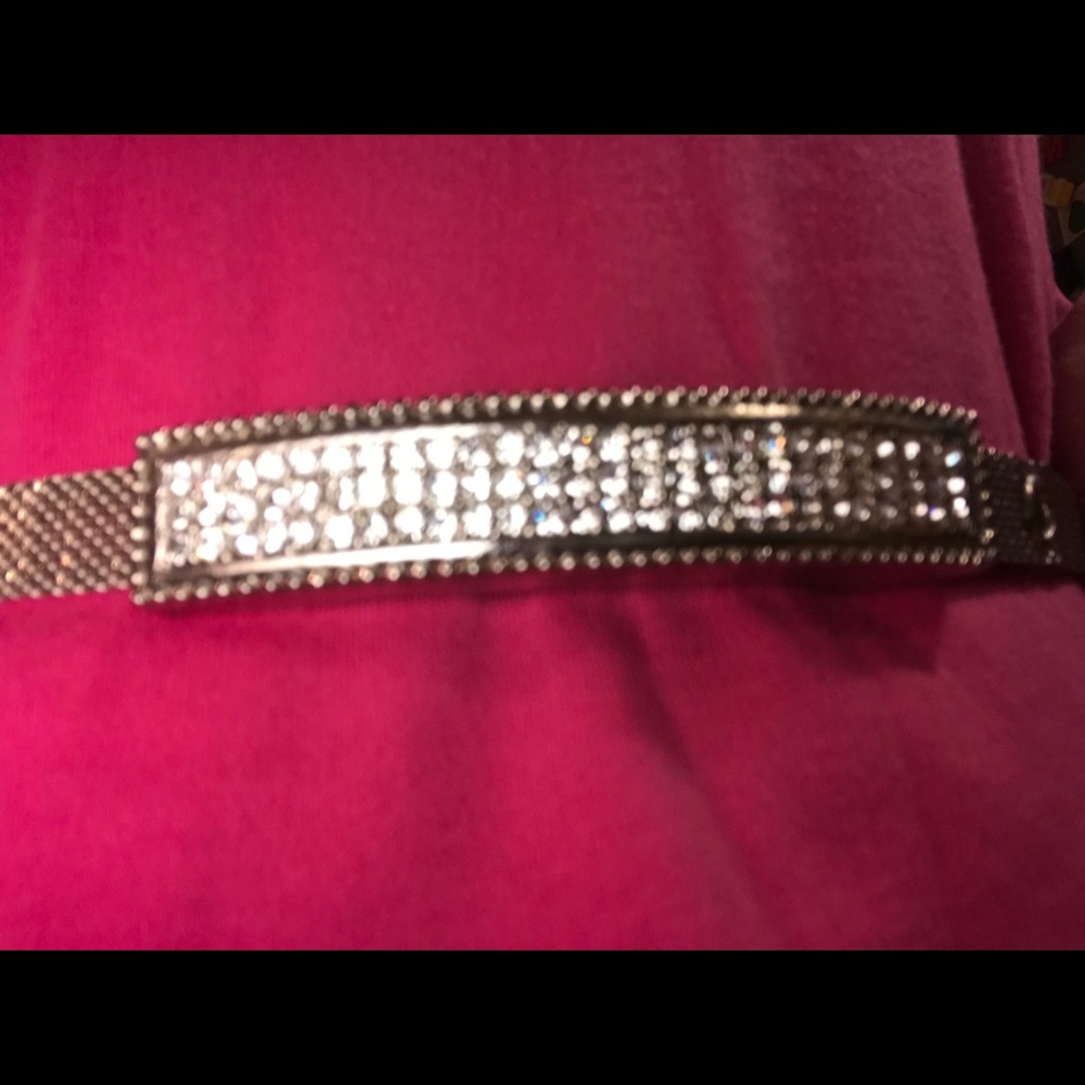 Vintage Rhinestone studded buckle 31-35” silver mesh bling chain maille belt EUC
